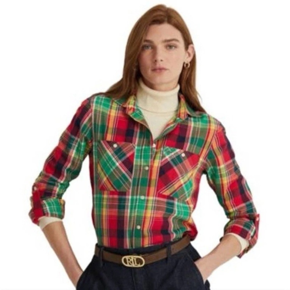 Ralph Lauren Black Label Women’s Plaid Cotton Twill Shirt Red Multi XXL